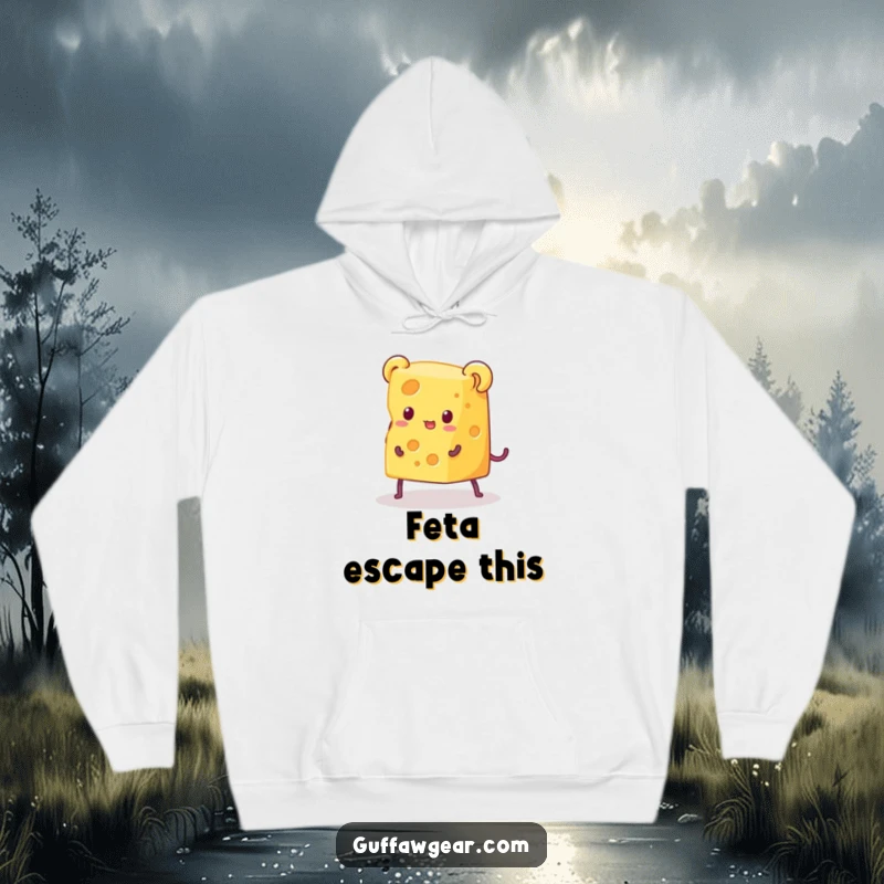 Funny hoodie depicting a piece of cheese with legs in a humorous, frantic attempt to escape a comically minuscule mouse trap, perfect for casual wear.