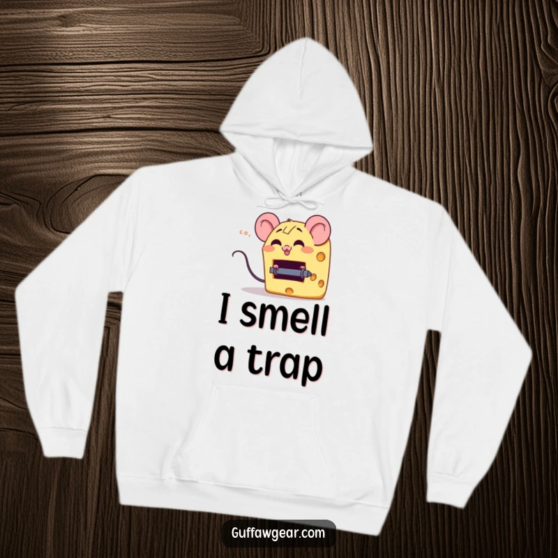 Funny hoodie with a giggling cheese wedge character attempting to escape a tiny mouse trap, offering cozy comfort and playful humor.