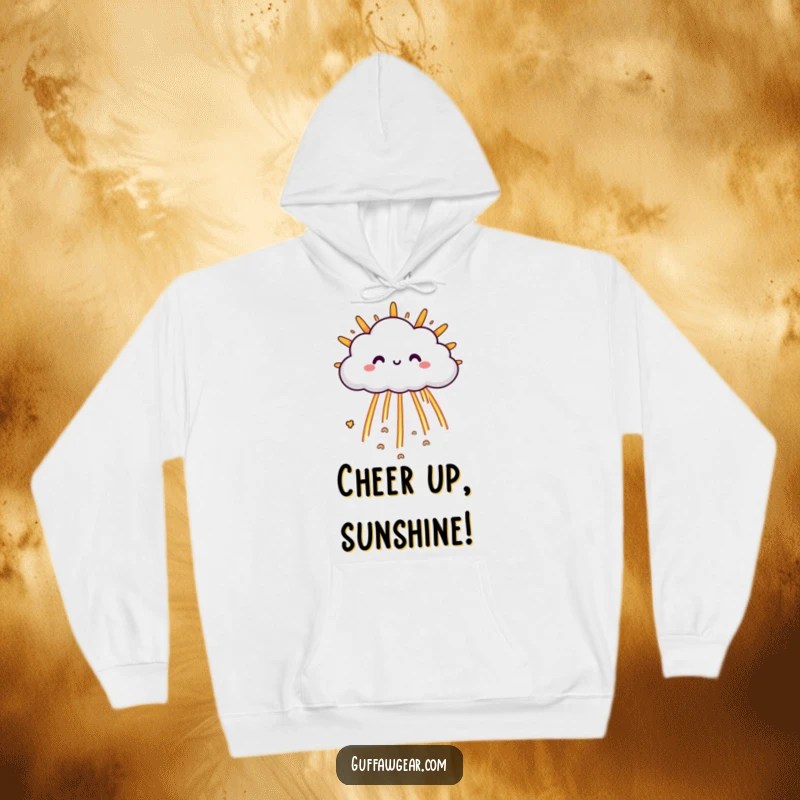 Funny Cloud Hoodie: A happy cloud character raining tiny rainbows onto a grumpy sun, a warm and cheerful design.