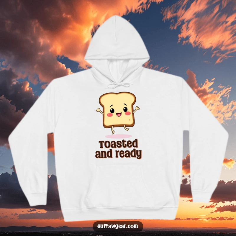 Funny slice of toast with legs doing a frantic dance, depicted on a cozy hoodie for ultimate comfort and playful vibes.