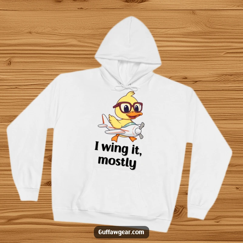 Funny hoodie depicting a determined but struggling duck pilot with oversized glasses trying to maneuver a tiny aircraft.