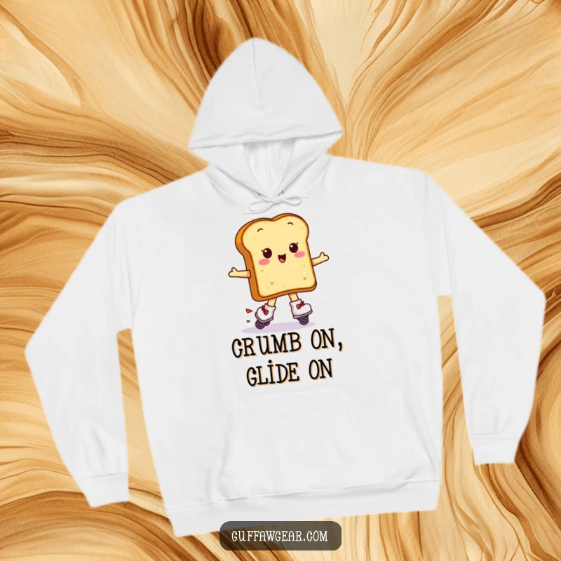 Funny Kawaii toast wearing roller skates attempting a spin, a warm and humorous hoodie.