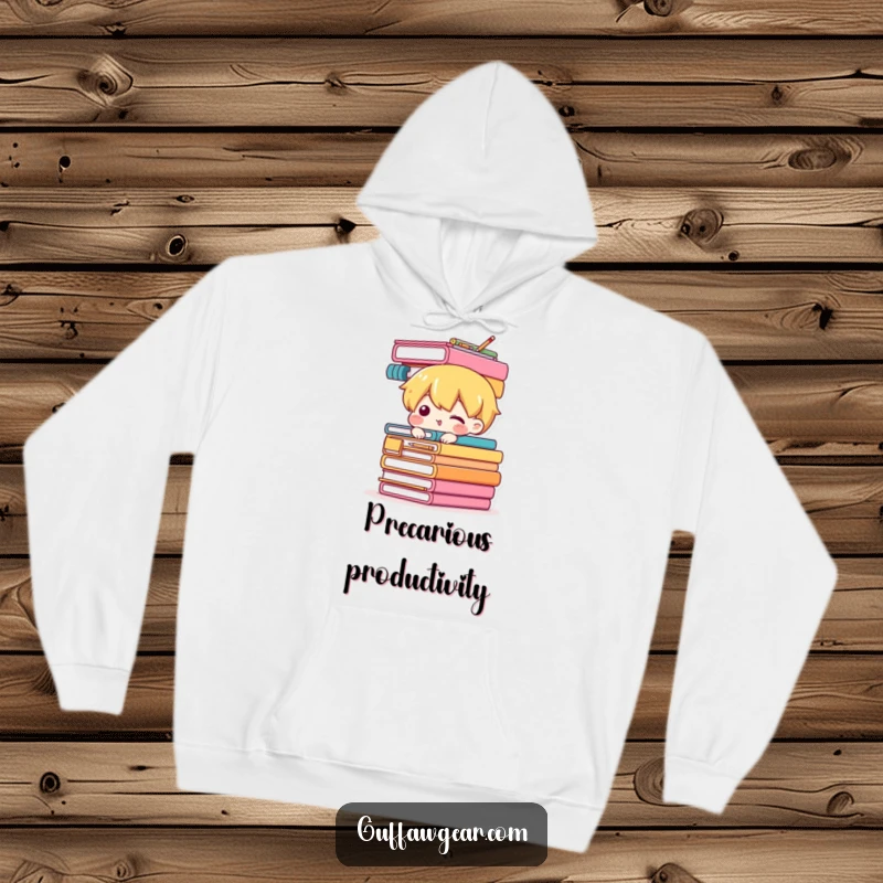 Funny hoodie showing a character carefully balancing a wobbly stack of office supplies, a humorous take on managing multiple tasks.