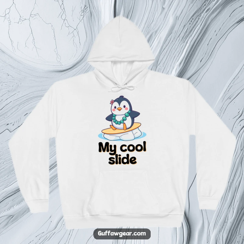 Funny Penguin Tropical Fail Hoodie: A penguin with a lei comically slides down an ice floe, a warm and humorous design.