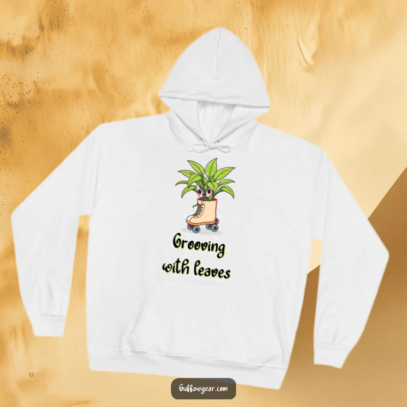 Funny hoodie depicting a houseplant on roller skates, comically swerving with a determined yet clumsy posture, perfect for comfortable, humorous lounging.
