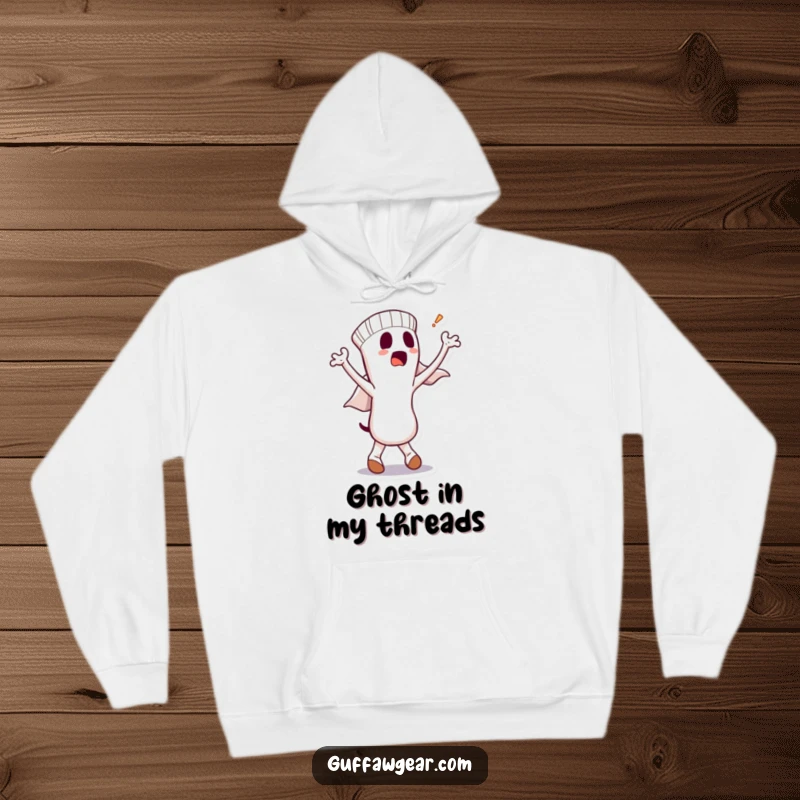 Funny hoodie featuring a dancing sock character with a bewildered ghost comically emerging, perfect for cozying up with a laugh.
