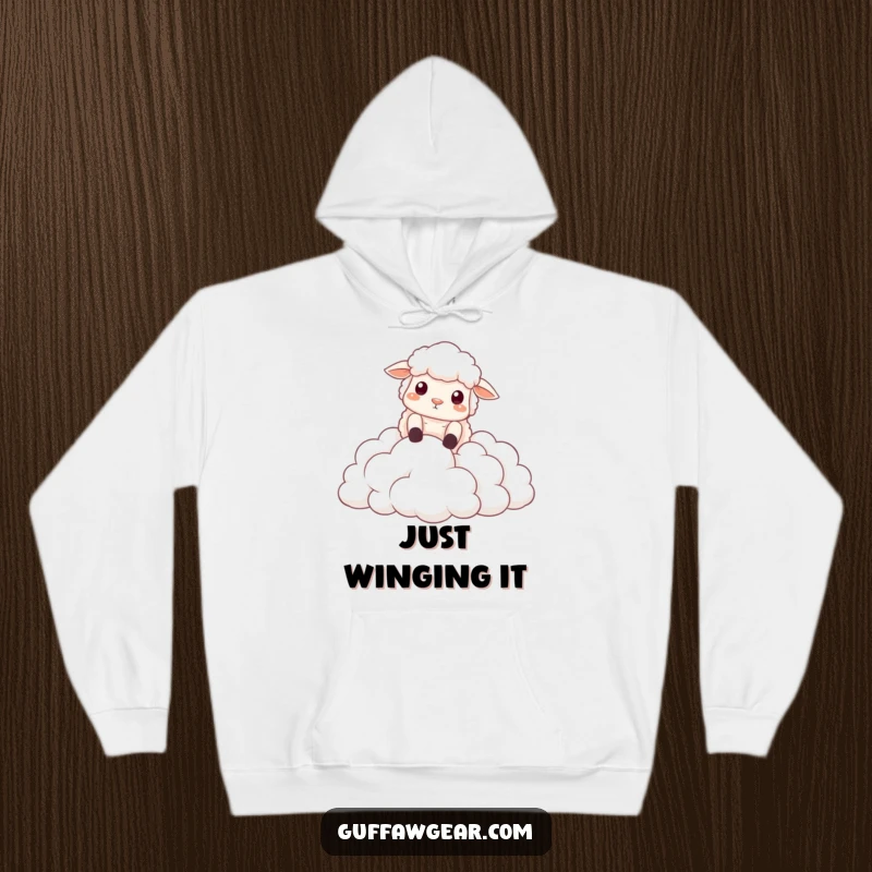 Funny hoodie depicting a sheep dramatically leaping into a mound of soft, puffy clouds, highlighting playful and eccentric fashion.