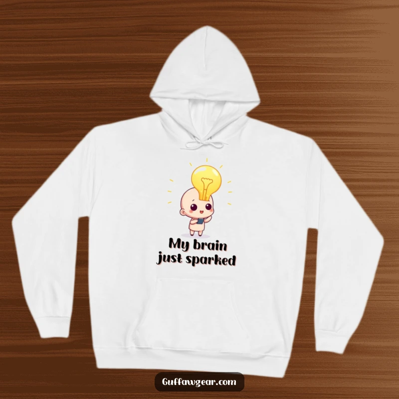 Funny character hoodie with a prominent lightbulb above its head, representing a sudden spark of genius and inspiration.