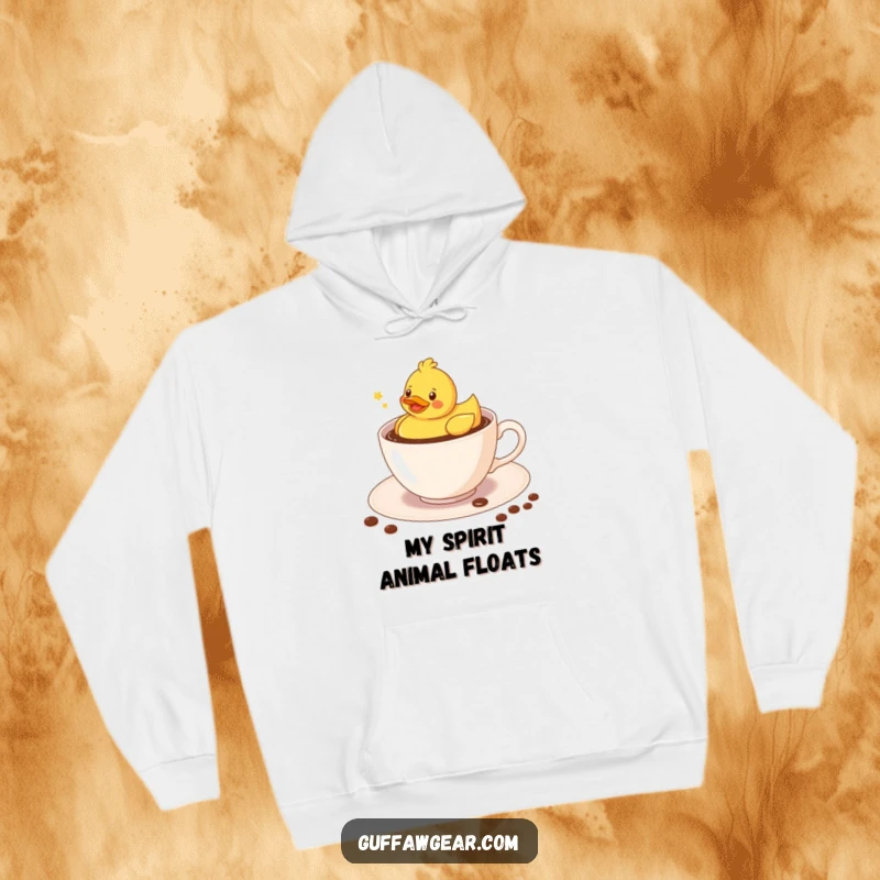 Funny Kawaii rubber duck floating merrily in a coffee-filled teacup, a warm and humorous hoodie.