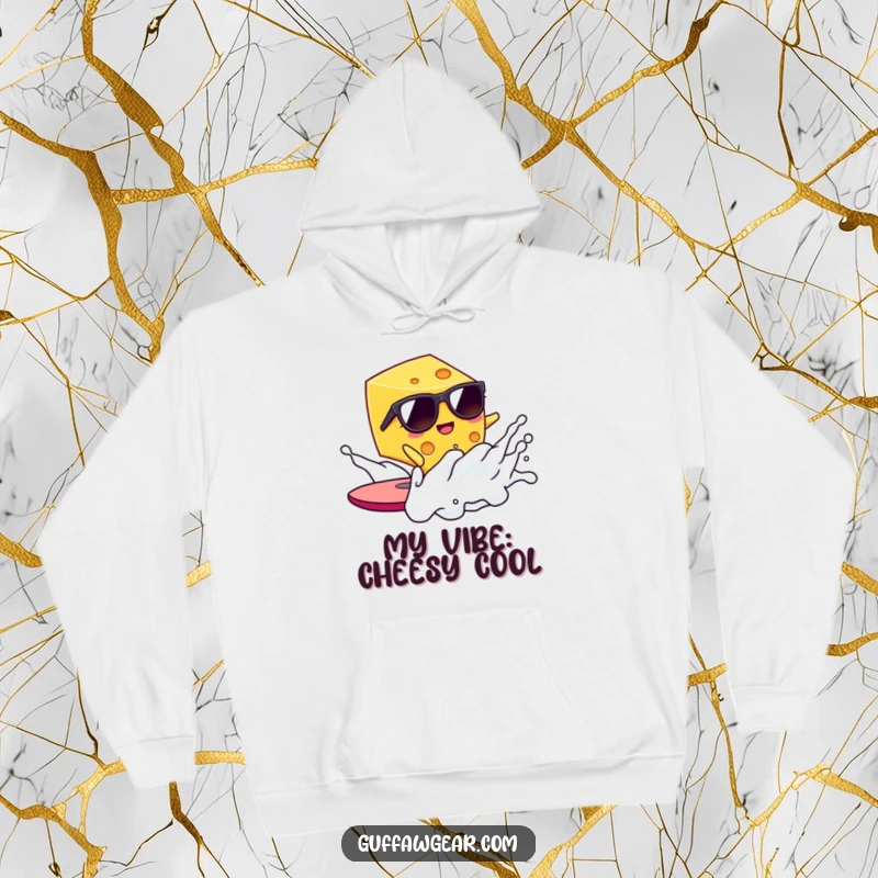 Funny Kawaii cheese wearing sunglasses surfs a milk wave, a warm and humorous hoodie perfect for gifting.