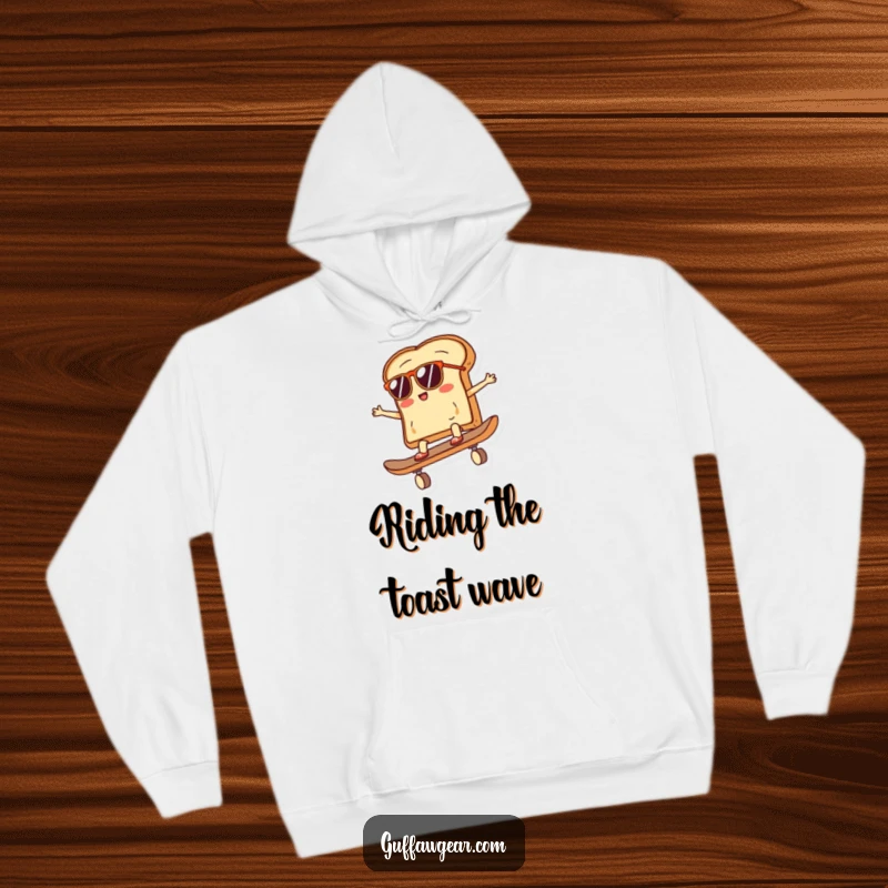 Funny hoodie featuring a slice of toast with sunglasses riding a skateboard, ideal for cozy wear and expressing a cool, humorous personality.