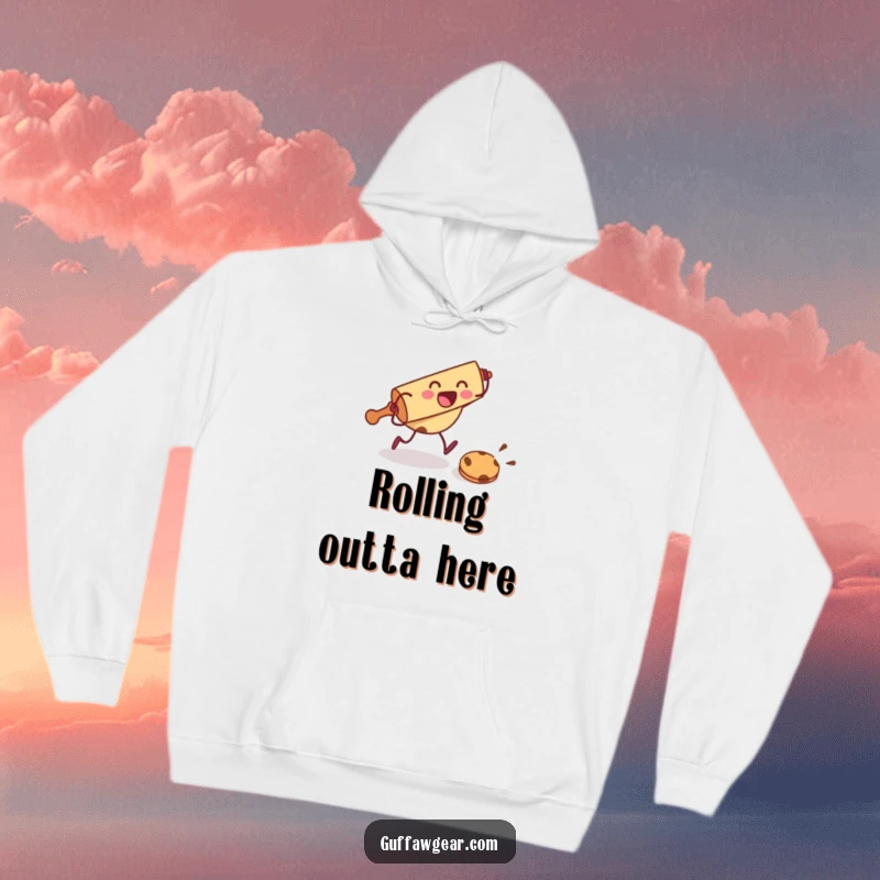 Funny hoodie with a rolling pin character excitedly chasing a fleeing cookie, bringing warmth and baking humor.