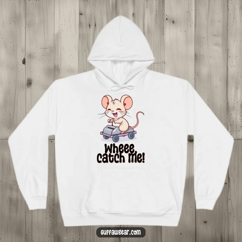 Funny Computer Mouse Hoodie: A giggling computer mouse riding a rolling mouse trap, a humorous and cozy design.