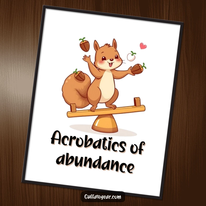 Funny free printable wall art: A squirrel juggles acorns, perfectly balanced on a teeter-totter, adding humor to decor.