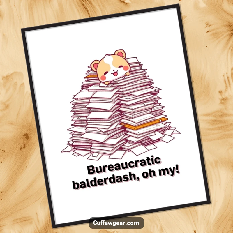 Funny Free Printable Wall Art: An animal character comically tripping over an enormous stack of papers, a scene of delightful chaos.