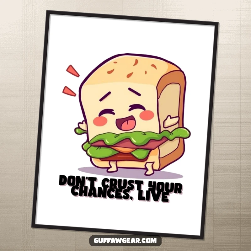Funny Free Printable Wall Art: Talking sandwich character hilariously trips over its own crust, creating a comical scene.