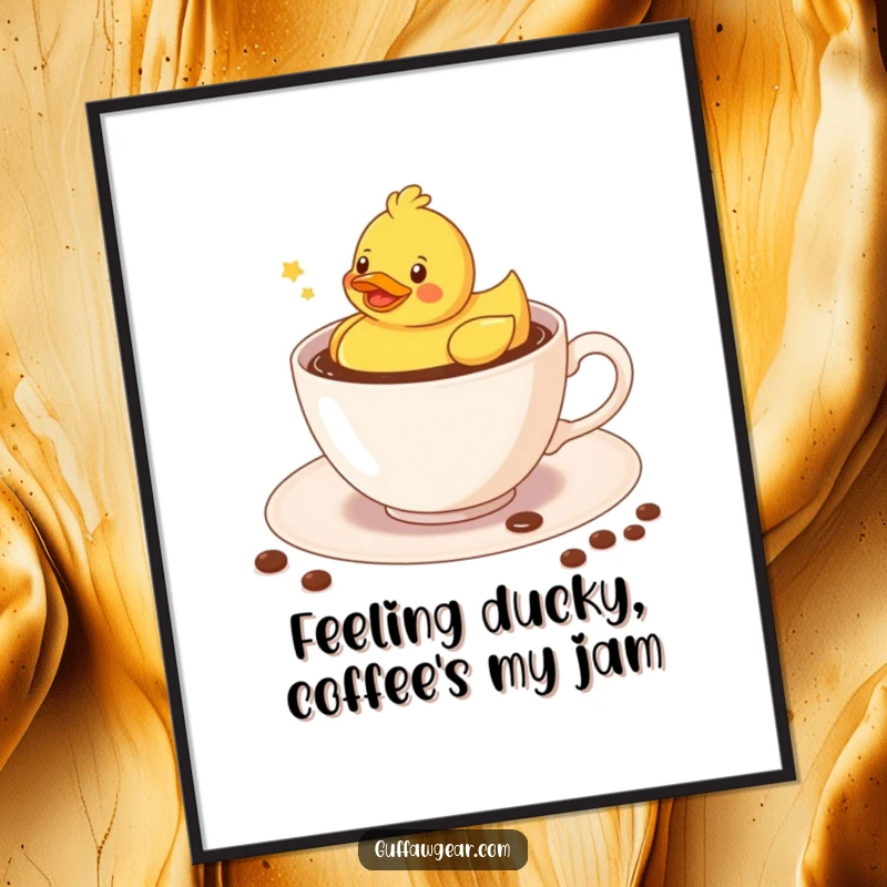Funny Free Printable Wall Art: Kawaii rubber duck floating merrily in a teacup filled with coffee.