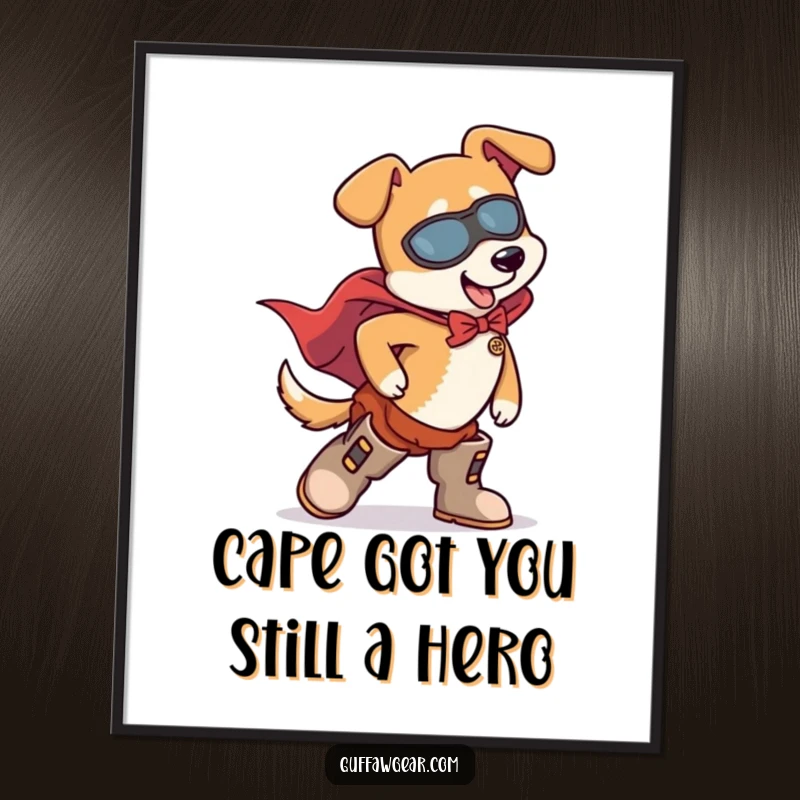 Funny Free Printable Wall Art: Dog in a superhero cape tripping, a comical display of heroic effort.