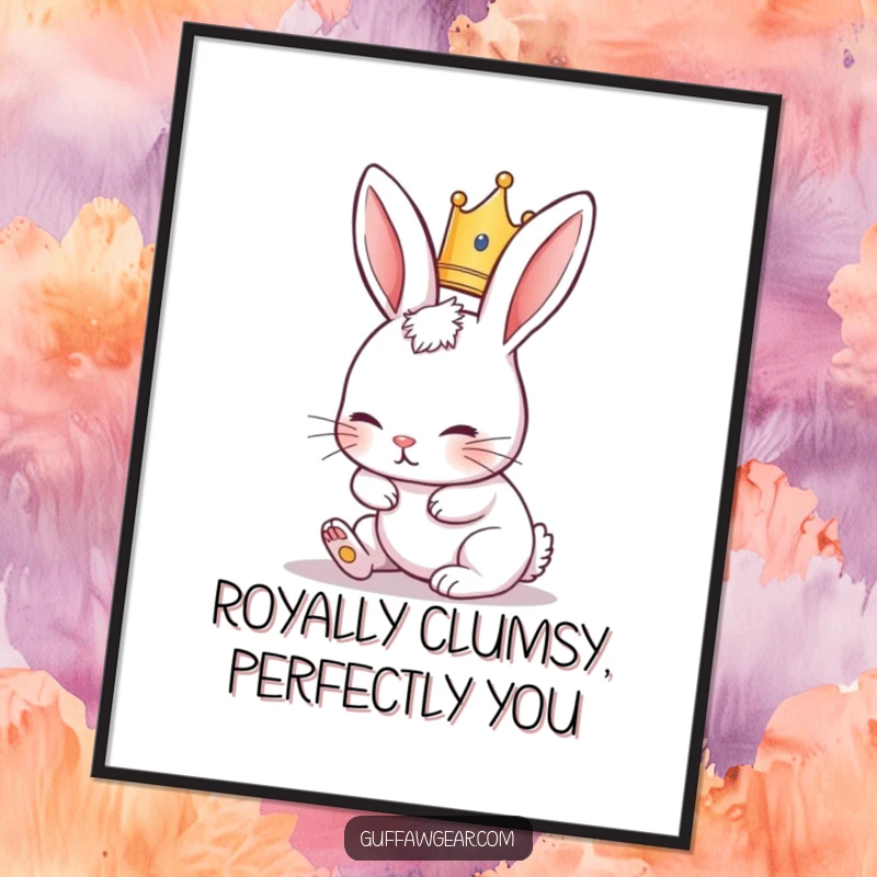 Funny free printable wall art of a rabbit wearing a tiny crown hilariously tripping over its own long ears, a regal blunder.