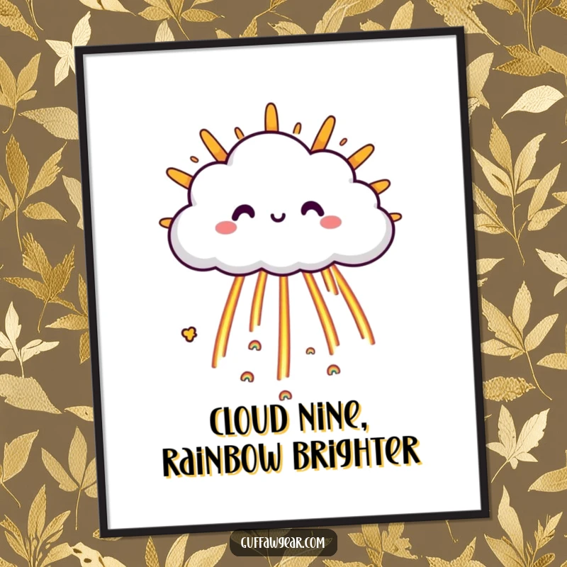 Funny Free Printable Wall Art: Happy cloud character raining tiny rainbows onto a grumpy sun, a delightful and colorful artwork.