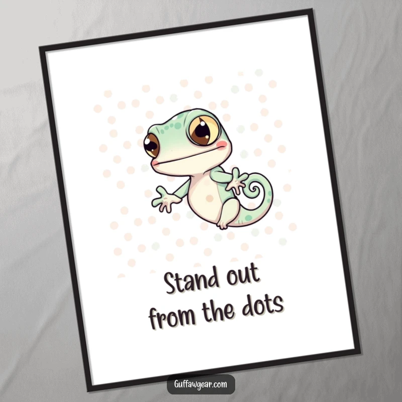 Funny Free Printable Wall Art: Chameleon hilariously failing to blend with polka dots, a humorous downloadable art piece.