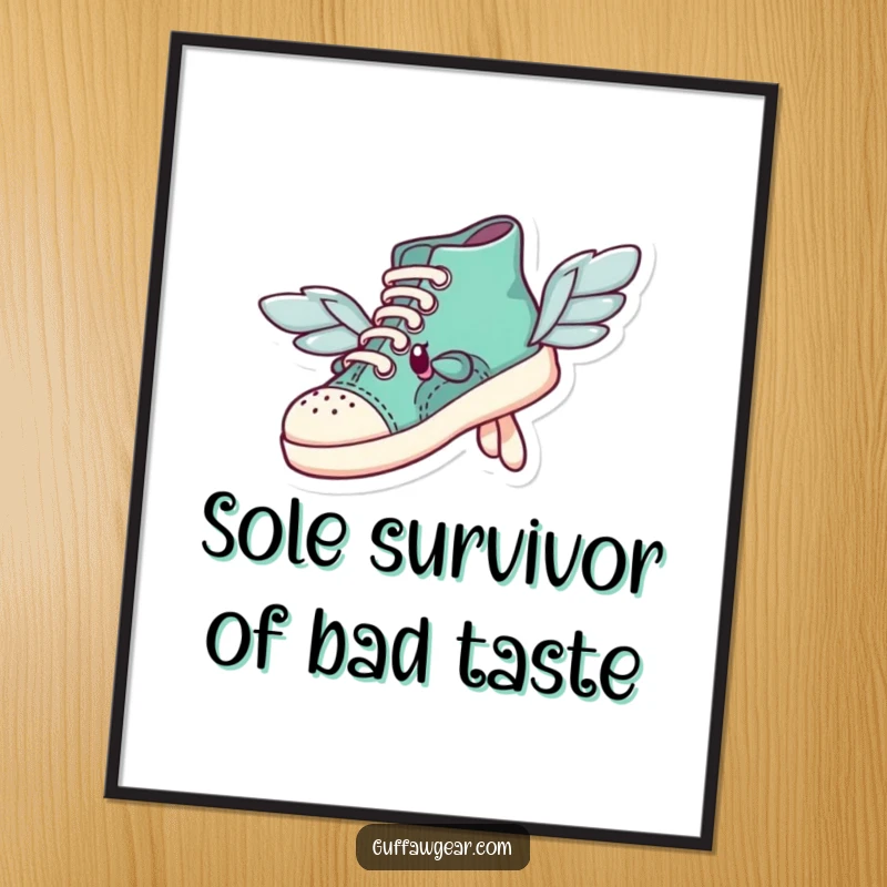 Funny free printable wall art: a shoe character with visibly mismatched wings, hilariously attempting to achieve liftoff.