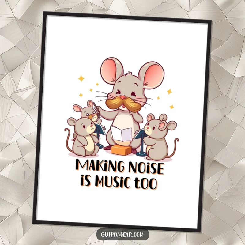 Funny Free Printable Wall Art: Mouse with mustache conducting squeaking toys, a humorous downloadable art piece.