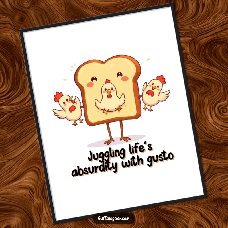 Funny Free Printable Wall Art: A slice of toast with legs excitedly juggling three rubber chickens, creating playful energy.