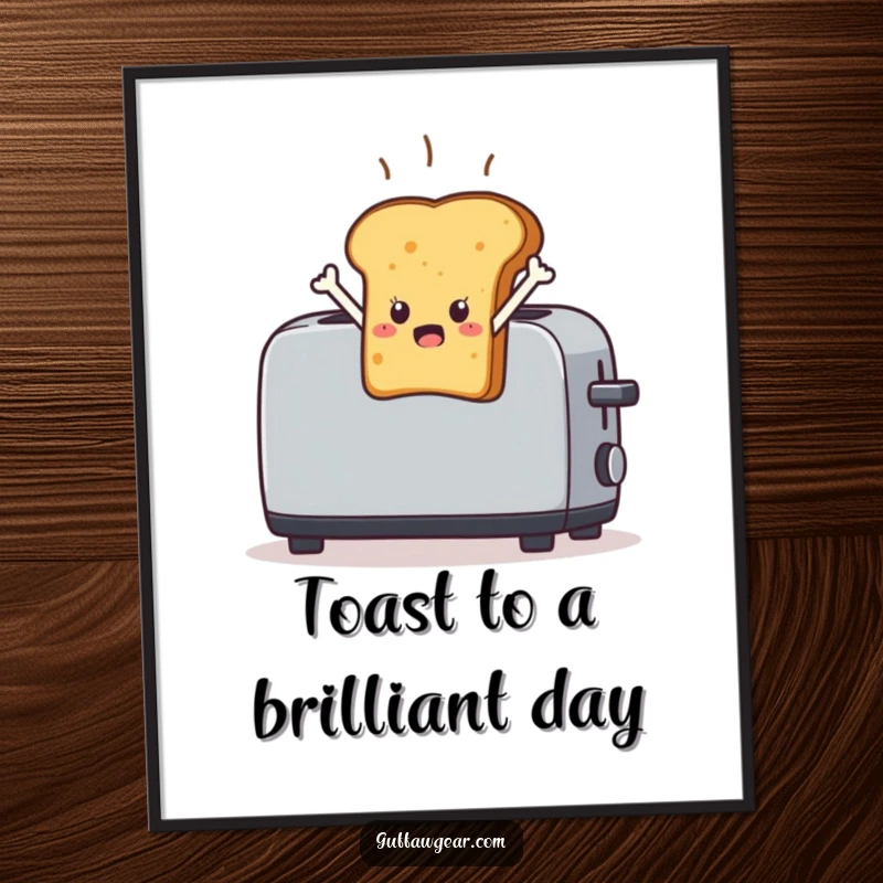Funny Free Printable Wall Art: Startled piece of toast character dramatically leaping out of a chrome toaster, a humorous culinary scene.