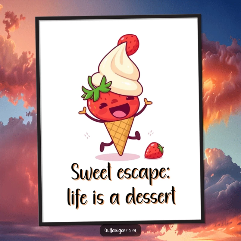 Funny free printable wall art: a startled strawberry runs from a laughing ice cream cone, a quirky downloadable art.