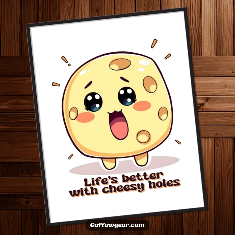 Funny Free Printable Wall Art: Surprised piece of cheese character with numerous holes rapidly appearing, a humorous and abstract design.