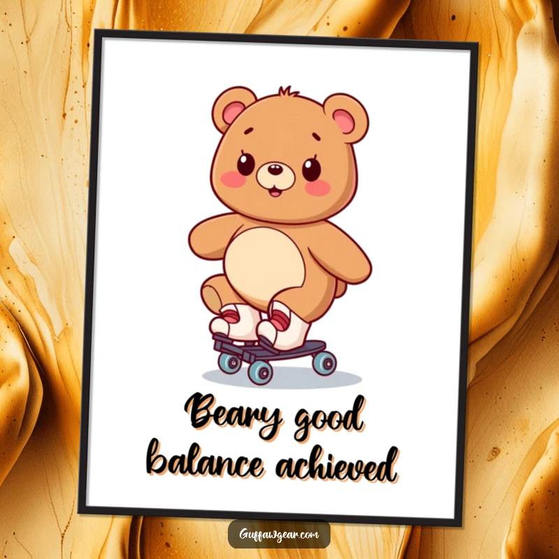 Funny free printable wall art: A bear smiles while wobbling precariously on roller skates, a humorous piece of decor.