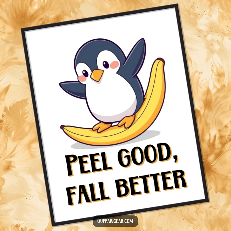 Funny free printable wall art: A penguin slips dramatically on a banana peel, creating a humorous and eye-catching piece.