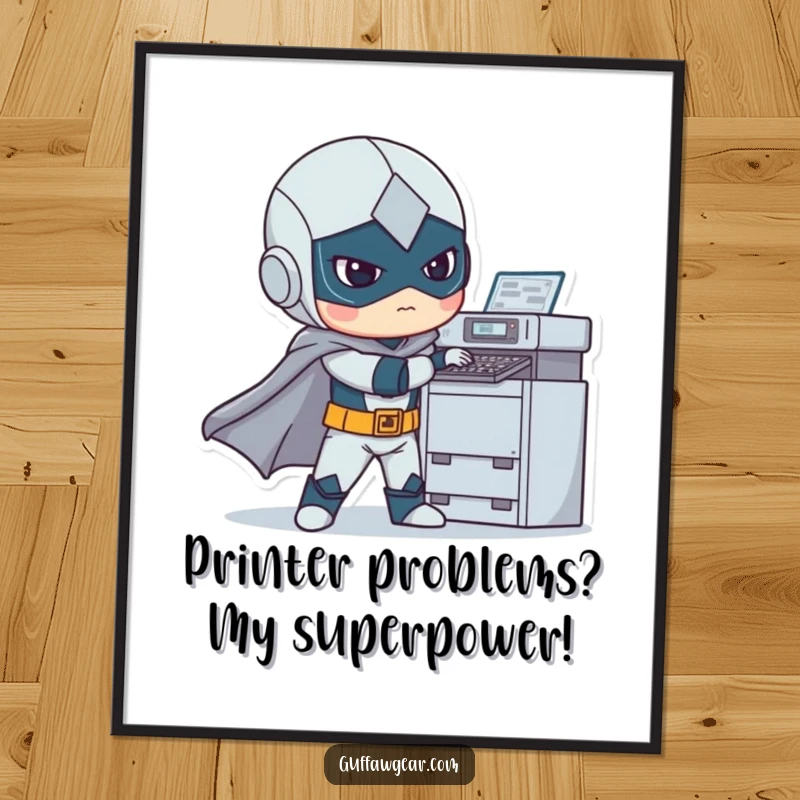 Funny Free Printable Wall Art: A superhero character in costume awkwardly wrestling with a malfunctioning printer, a comical battle.