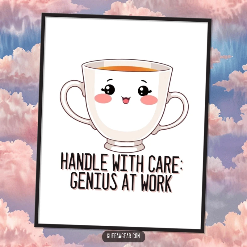 Funny Free Printable Wall Art: A teacup with a face humorously tries to drink from its own handle.