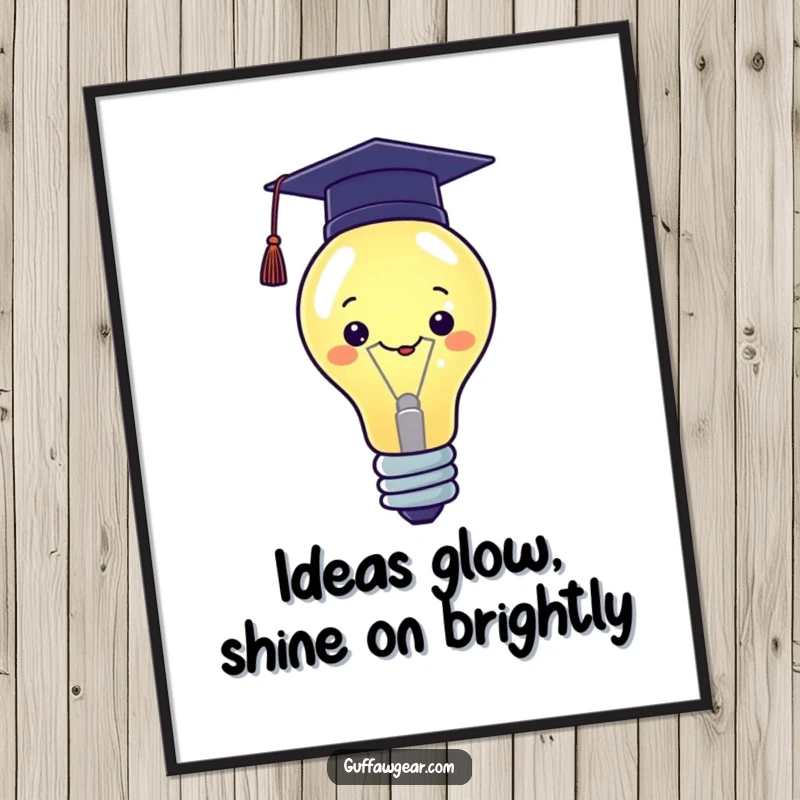 Funny Free Printable Wall Art: Proud Kawaii lightbulb wearing a tiny graduation cap radiates intelligence and accomplishment.