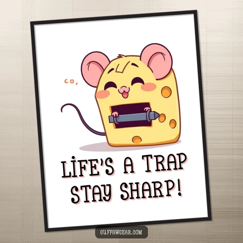 Funny Free Printable Wall Art: A piece of cheese with a wide grin is escaping a miniature mouse trap.
