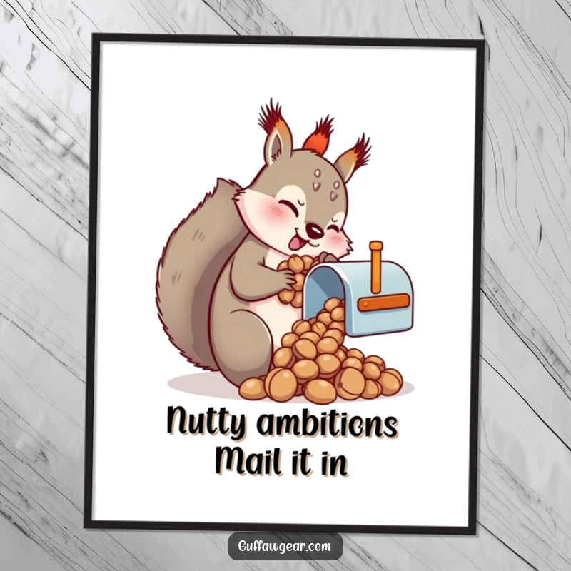 Funny Free Printable Wall Art: Squirrel comically trying to cram nuts into a mailbox far too small for them.