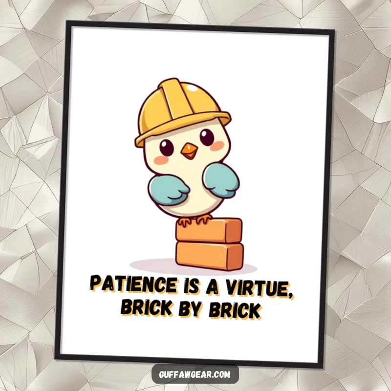 Funny Free Printable Wall Art: Bird with construction helmet wobbling a brick, a humorous downloadable art piece.