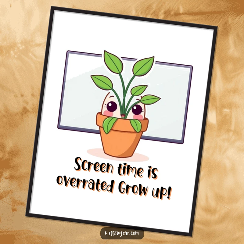 Funny Free Printable Wall Art: A potted plant with wide eyes peeks out from behind a large computer monitor.
