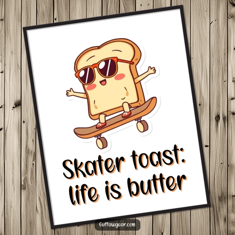 Funny free printable wall art: toast in sunglasses rides a skateboard with flair, a hip downloadable art.