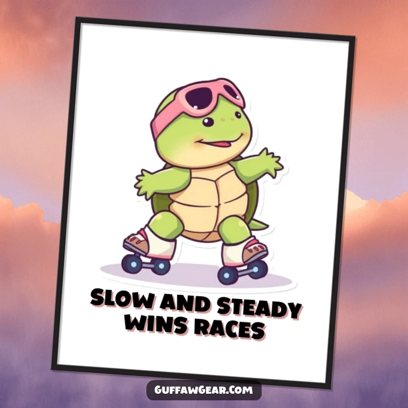 Funny Free Printable Wall Art: Turtle comically on roller skates, sliding uncontrollably, a humorous downloadable art piece.