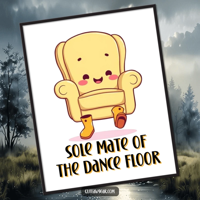 Funny Free Printable Wall Art: An armchair wearing boots doing a clumsy jig, adding humor to any room.