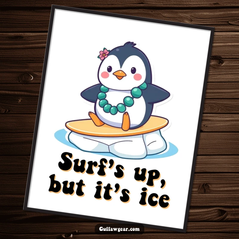 Funny Free Printable Wall Art: Penguin wearing lei comically sliding down an ice floe, a humorous downloadable art piece.