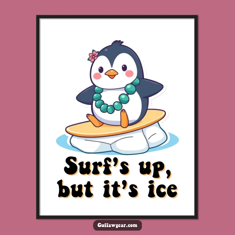 Free Printable Wall Art: Funny Penguin Surfer Downloadable Art Gift