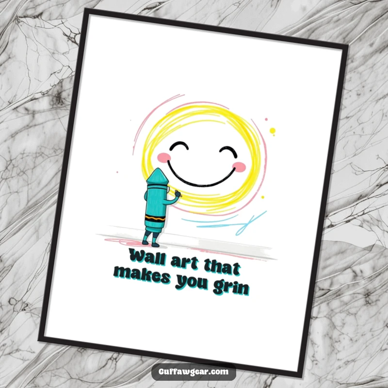 Funny Free Printable Wall Art: Brave crayon character enthusiastically drawing a gigantic smiley face on a textured wall, artistic and fun.
