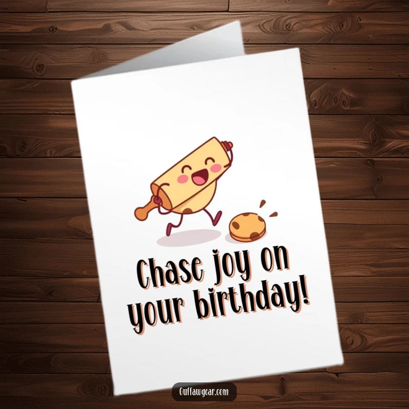 Funny Free Printable Birthday Card: Rolling pin character excitedly pursues a fleeing cookie, creating a comical baking scene.