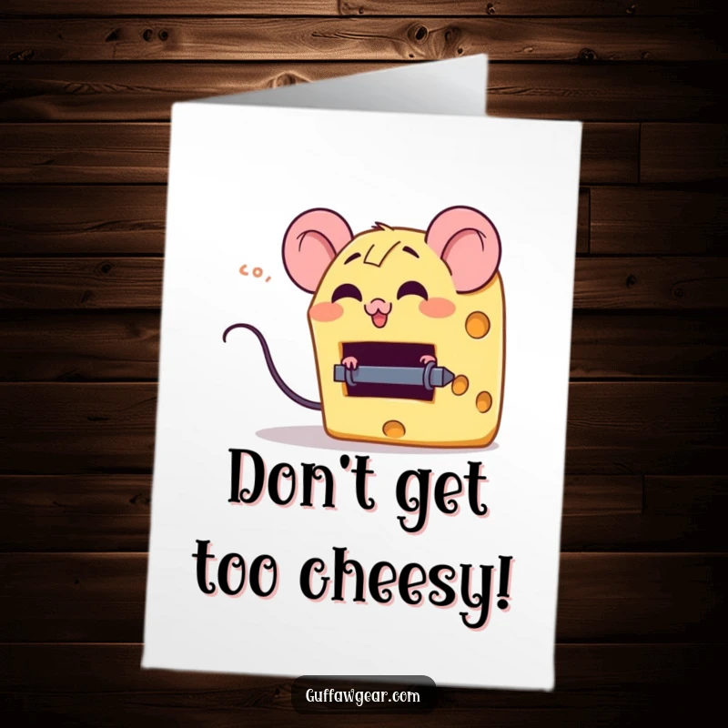 Funny Free Printable Birthday Card: A giggling piece of cheese narrowly avoids a tiny mouse trap with glee.