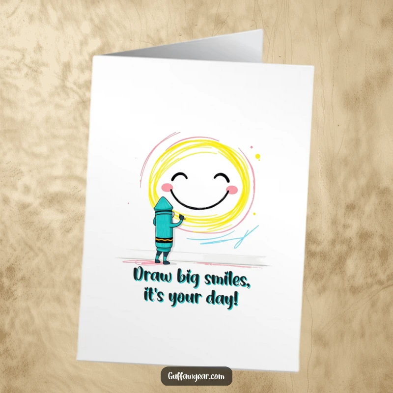 Funny Free Printable Birthday Card: Brave crayon character happily drawing a huge smiley face on a wall, spreading joy.
