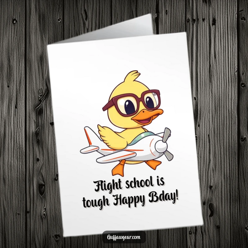 Funny free printable birthday card: A duck with big glasses struggles to pilot a tiny plane, looking comically confused.